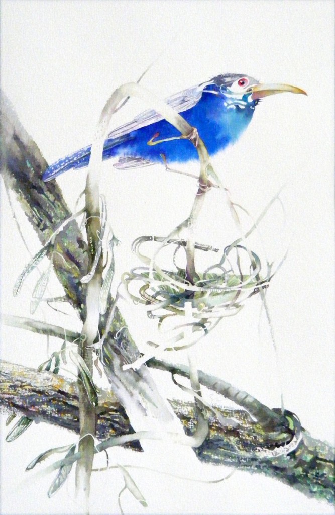 “Blue Bird on the Tree”. Technique: watercolor, paper, 36.0 x 23.5 cm. 1993 © Le-Za donski