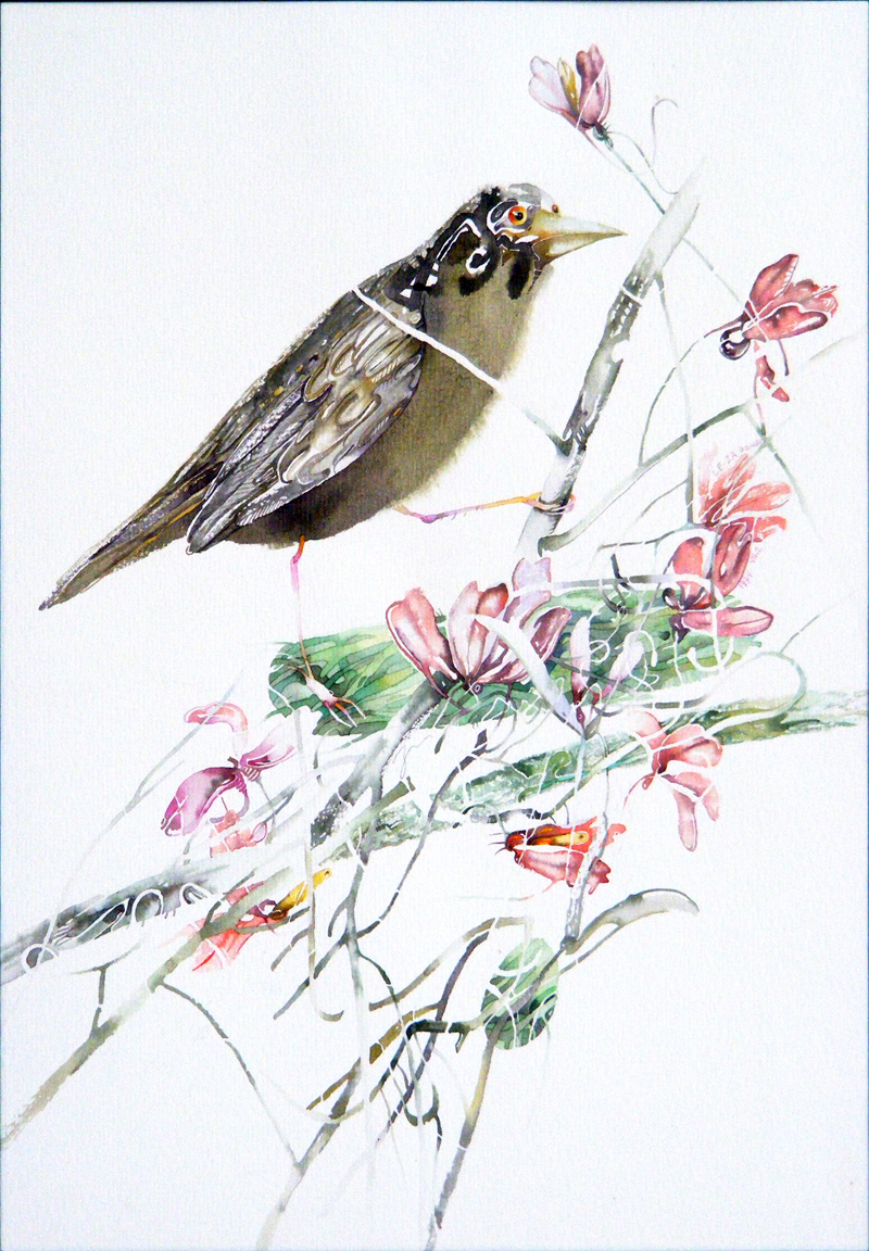 “Grey Bird & Pink Flowers".  Technique: watercolor, paper, 35.7 x 24.8 cm.   1994 © Le-Za donski 